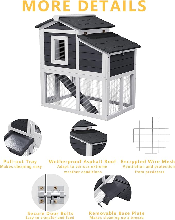 Wooden Chicken Coops with Nesting Boxes Indoor Outdoor, Small Chicken Coop for 2 Chickens, Bunny House Rabbit Hutch Poultry Pet Run Cage with Waterproof Roof, Stairs&Removable Tray