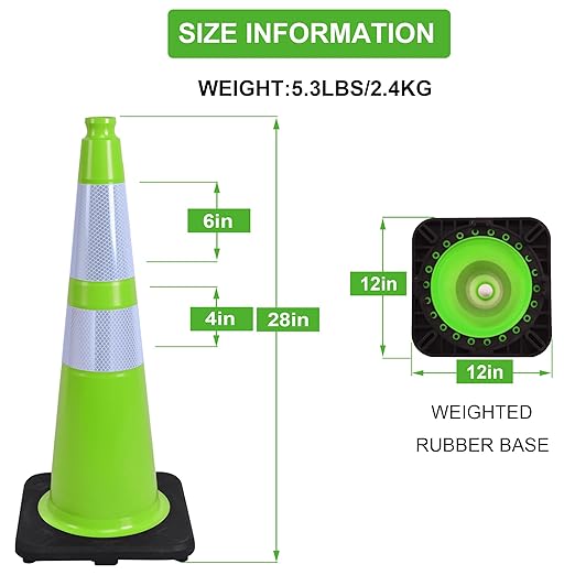 OrangeStar 28" Traffic Cones 6-Pack, Green Safety Cones with Reflective Collars, Weighted Rubber Base for Parking, Construction, Road Safety, Indoor & Outdoor Use