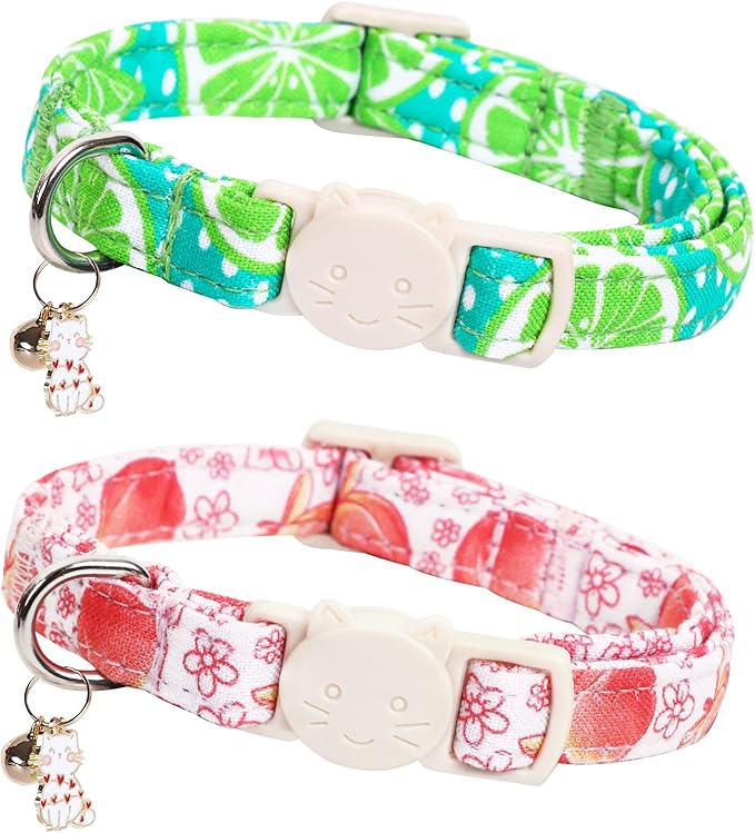 Cat Collar-2 Pack Cute Cat Collars Peach & Lemon Print Breakaway with Kitten and Bell Pendant Safety Buckle Pet Collar Soft Cotton Collar for Cats and Small Pets Gift