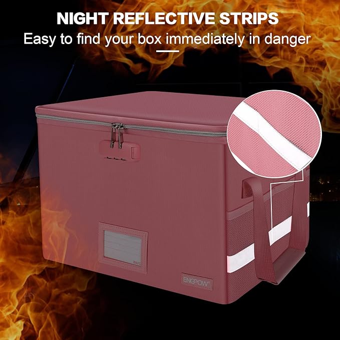 ENGPOW File Box with Lock, Fireproof Document Box with Zipper＆Pockets, Collapsible File Organizer Filing Storage Cabinet with Handle, Portable Home Office Safe for Hanging Letter/Legal Folder, Pink