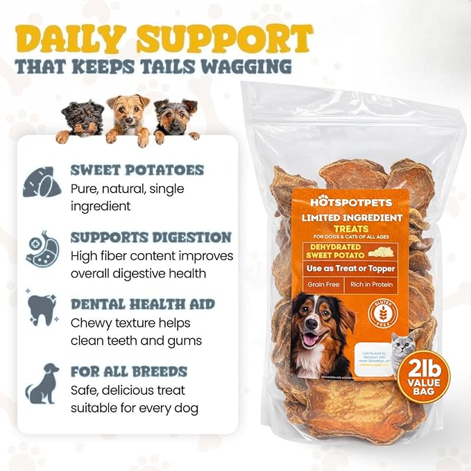hotspot pets Dehydrated Sweet Potato Dog Treats (2 Pound Bag)- All Natural Rawhide Free, Grain-Free, & High in Fiber- Ideal for Small to Large Dogs - Perfect Dog Chews for Training, or Treat