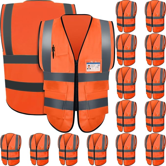 JaGely 15 Pack Reflective Safety Vests with Pockets and Zipper Construction Work High Visibility Vest for Men Women(Medium,Orange Red)