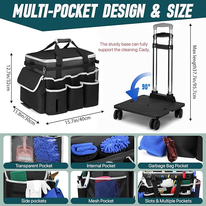 Large Rolling Cleaning Caddy Bag with Detachable Trolley, Full Support Plates for Professional Cleaning Supplies Bag, Organizer Bag with 4 Universal Wheels for Housekeepers, Car Wash, Office, Picnic