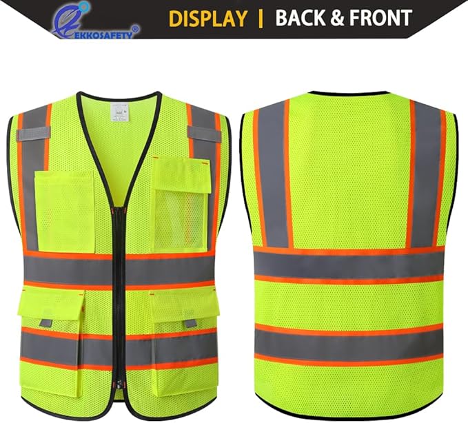 Reflective Safety Vest for Men Women with 9 Pockets and Zipper Front Class 2 High Visibility Mesh Work Vest Hi Vis Construction Vest,Meets ANSI/ISEA Standards(EK176-Yellow-M)