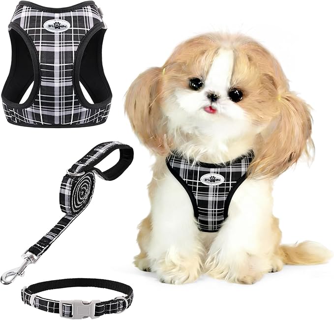 Gyuzh Small Dog Harness and Leash Set, 3-in-1 Step in No Pull Harness Vest Collar for Small Dogs & Cats, Lightweight Breathable Mesh Reflective Plaid with Padded Handle (Black, L)