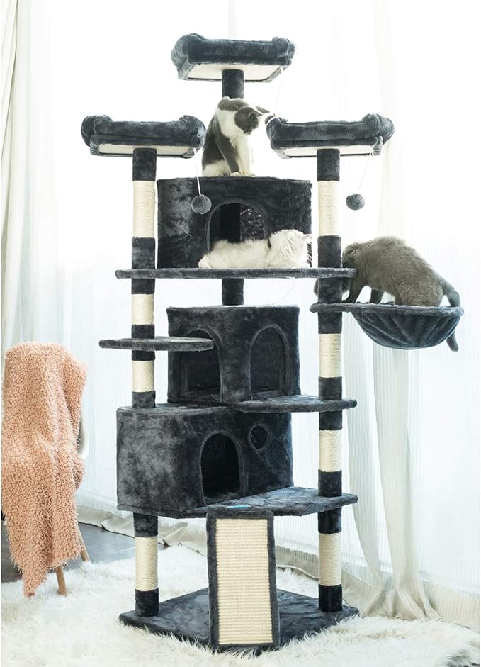 Hey-brother XL Cat Tree, 73.4 inch Cat Tower with 3 Caves, 3 Cozy Perches, Scratching Posts, Board, Activity Center Stable for Kitten/Big Cat, Gray MPJ032G