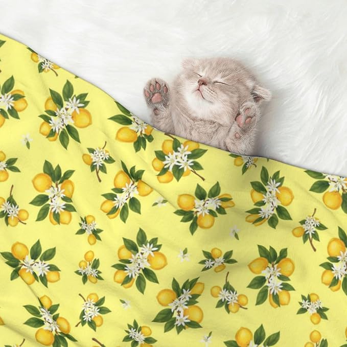 Pet Blanket for Indoor Outdoor Use, Buds Ripe Fruits Lemons Flowers White, Two Sided Reversible Plush Mat with Bumpy Dot Texture for Patios Crates Portable Bed Companion