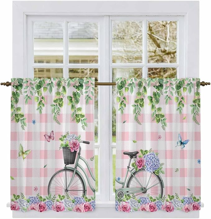 Spring Kitchen Curtains, Bicycles Leaves Butterfly Flowers Pink Buffalo Plaid