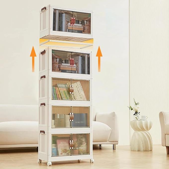 4 Tier Plastic Stackable Storage Bins and Boxes Organizer, Foldable Containers, Stackable Closet Organizers, Collapsible Boxes, White (5 Tier, 25.8″)