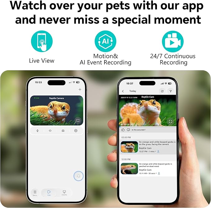 3MP 2K AI Reptile & Aquarium Camera with Angle Magnetic Mount, Close-Focus Lens for Fish Tank Terrarium Lizard Snake Pet, 2.4G&5GHz WiFi, 24/7 Recording, Anti-Glare & No Reflection