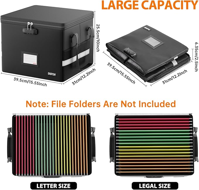 ENGPOW 5200°F Fireproof Document Box with Lock, Heat Insulated Collapsible File Storage Organizer with Handle, Portable Home Office File Cabinet for Hanging Letter/Legal Size Folder, Black