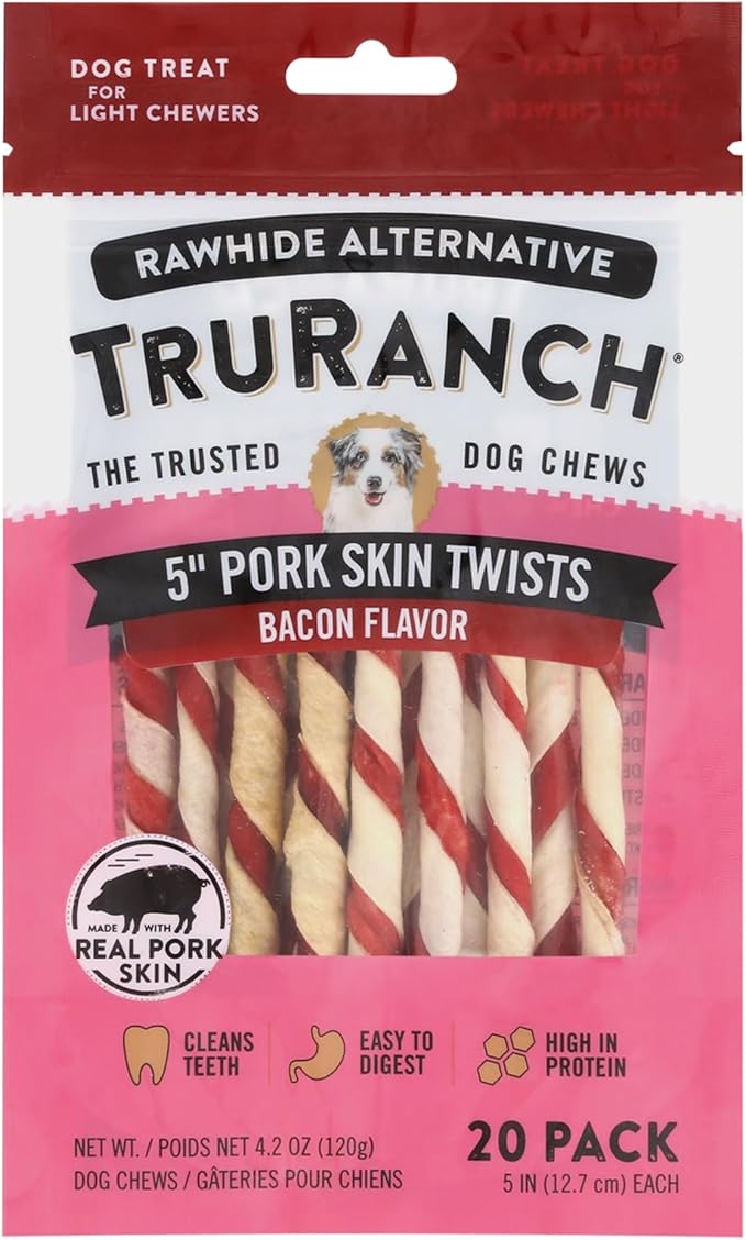 TRURANCH 5" Pork Skin Twists - Collagen Chews for Dogs - Bacon Flavor - Made with Real Pork Skin - Rawhide Alternative - Limited Ingredient - Easy to Digest Treat, 1 Bag, 9 Count