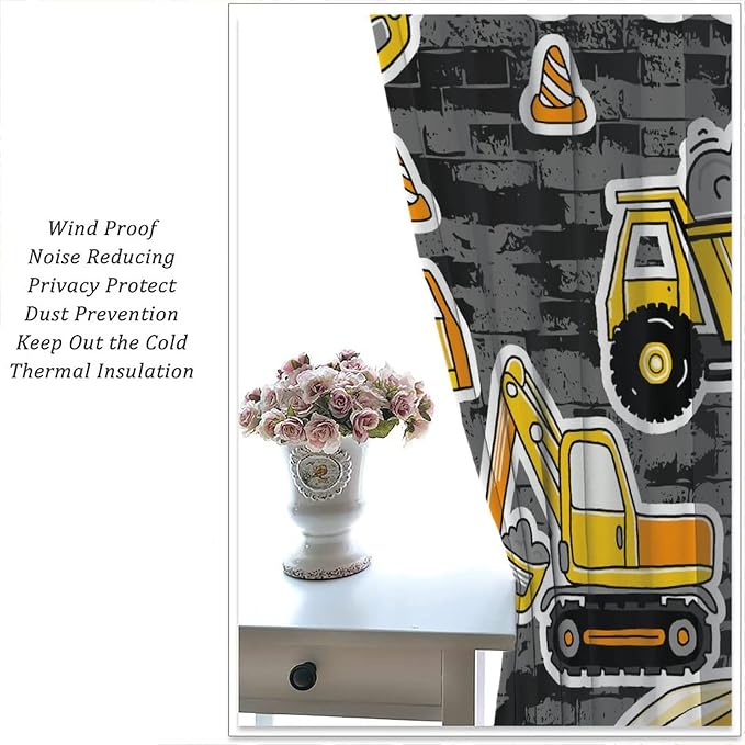 Kids Construction Excavator Window Curtains