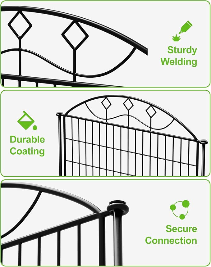 5 Panels Black Metal No Dig Garden Fence, 33in H x 24ft L Temporary Animal Barrier for Dogs & Rabbits, Reusable Outdoor Yard Fencing Without Lock