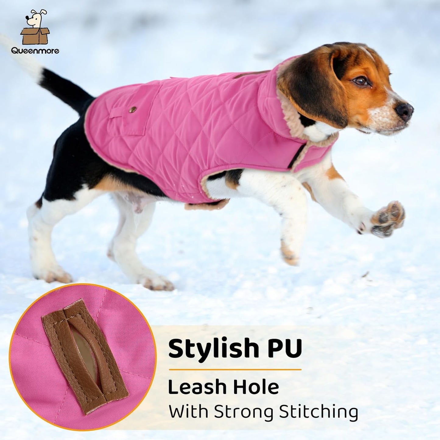 Queenmore Dog Winter Coat - Fleece Jacket, Waterproof Cold Weather Clothes, Thick Warm Cotton Padding, Easy On Storage Pockets (Pink, Large)