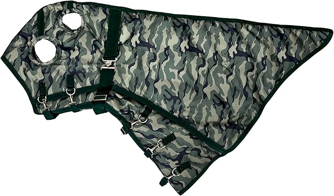 AJ Tack 1200D Waterproof Winter Horse Blanket with Hood - 400g Heavyweight Turnout with Fleece Collar, Shoulder Gussets & Tail Flap - Camouflage 66"