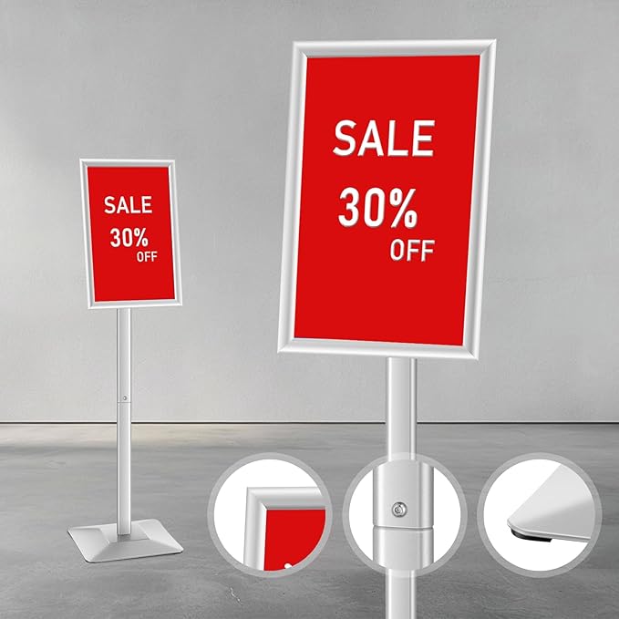 DISPLAYSWORKER Adjustable Heavy Duty Pedestal Sign holder floor Stand,sign stand poster stand Aluminum Snap Open Frame,Standing Floor for 11x 17 inch,Vertical/Horizontal View,SILVER