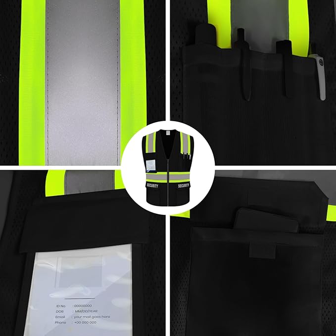 Security Vest for Security Guard, Hi Vis Mesh Vest with Pockets, High Visibility Safety Vest with Reflective Strips, ANSI Compliant, Black, M