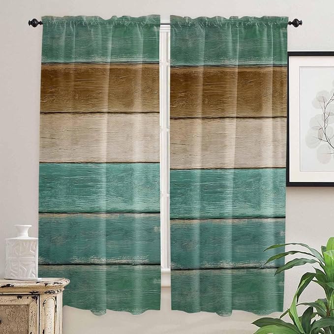 Vintage Plank Turquoise Brown Window Valance Curtains, Farmhouse Wood Grain