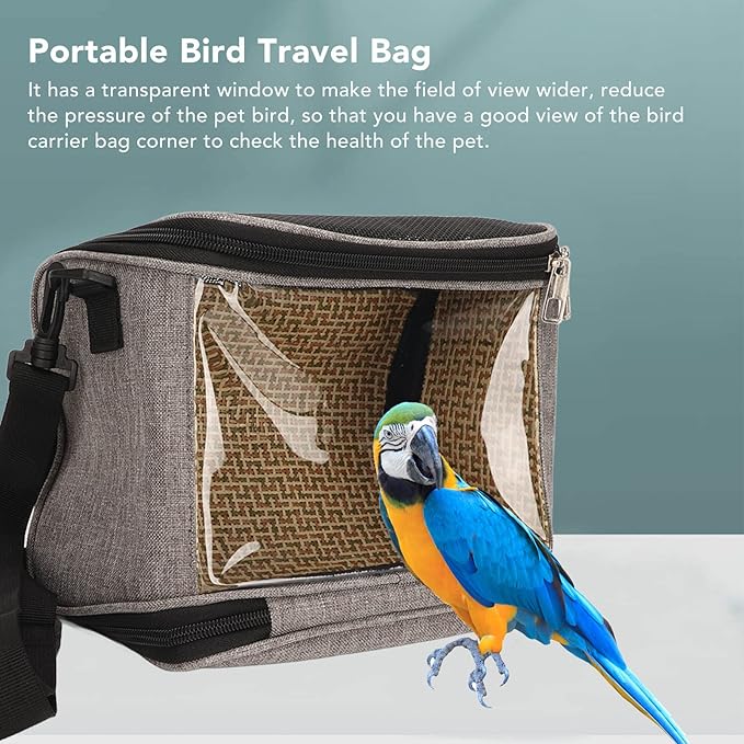 FLEXMAN Bird Carrier Bag, Portable Small Bird Travel Cage, Transparent Lightweight Breathable, Two Way Zipper Parrot Travel Cage with Side Pockets for Parrots, Birds, Hamsters, Small Lizards (Grey)