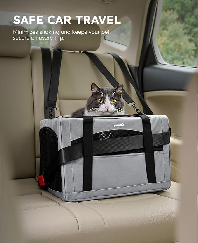 Pecute Cat Carrier Stable, Pet Carrier with Hidden Anxiety Relief Partition & Stable Steel Frame, Safe Cat Carrier for Car Travel, Soft-Sided Dog/Cat Carrier Bag for Pets Up to 11lbs, Gray