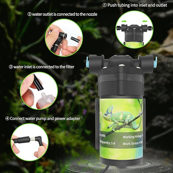 Reptile Mister System with Timer, Reptile humidifier with 6 Spray nozzles,self-Priming Pump Low Noise， misting System for Reptiles of Amphibians, Tanks, Paludarium