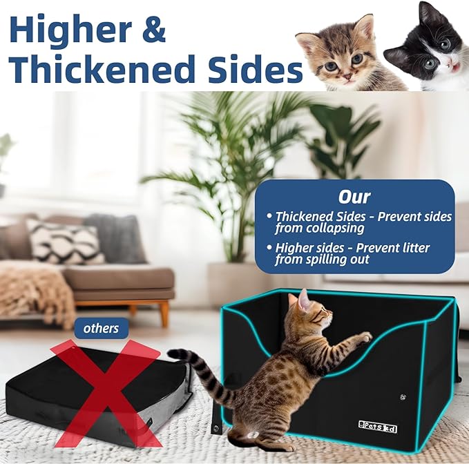 Petskd Portable Travel Litter Box for Cats with Lid and 10 pcs Liner Bags, Light Weight, Leak-Proof and Higher Sides for Road Trips, Hotel Stays, Car Travel(Black)