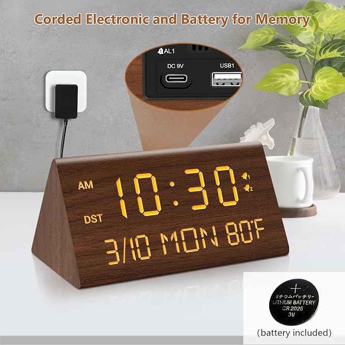 Kogonee Wooden Digital Alarm Clock, 0-100% Dimmer, 2 Alarm Settings,