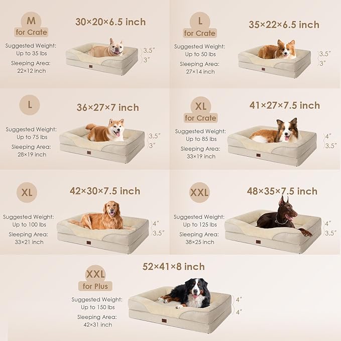 EHEYCIGA Orthopedic Dog Bed for Medium Dog, 30x20x6.5 Inch Memory Foam Dog Couch Bed with Sides, Waterproof Liner & Washable Removable Cover, Bolster Pet Sofa, Beige
