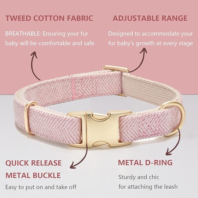Soft Cotton Hemp Dog Collar with Metal Buckle Adjustable Twilled Dog Collars for Female Small Medium Large Dogs(Pink,Large)