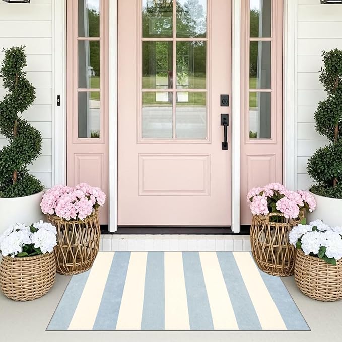 Blue White Striped Outdoor Rug