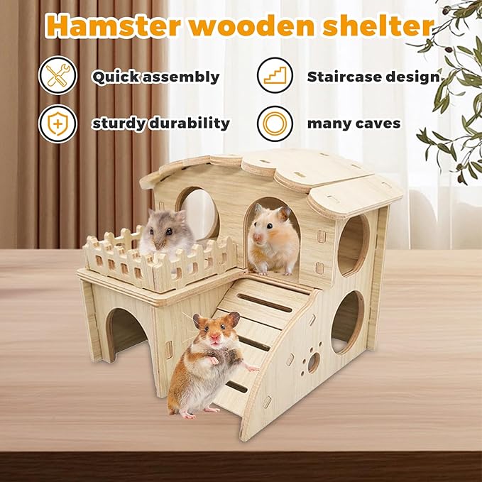 Wooden Dwarf Hamster House, Hamster Tiny House Hideout, Hamster Maze House, Large Balcony Lookout Holes, Easy to Assemble, Detachable Parts, Secure Hideaway, D