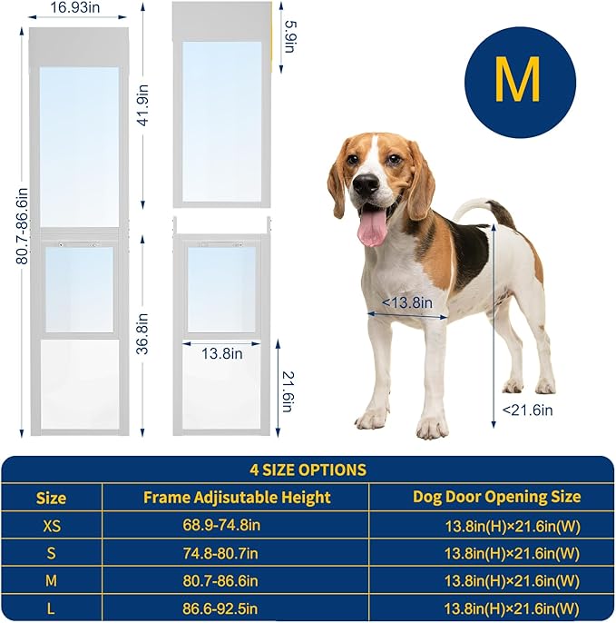 Docred Dog Door for Sliding Glass Door, 80 11/16" to 86 5/8" Adjustable Height Doggy Door for Sliding Doors, Pet Door Insert with Lock for Medium-Sized Dogs