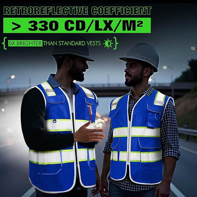 BeautyWill Custom Logo Safety Vest 8 Pockets Class2 ANSI Certified High Visibility Reflective Vest for Men - Personalized Logo Heavy-Duty Work Vest（Blue，XXL）