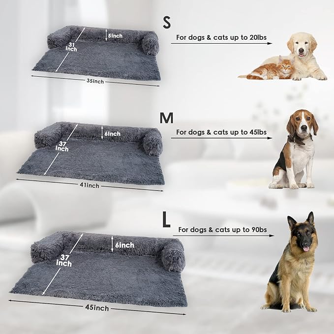 Large Washable Removable Calming Dog Bed,Fluffy Plush Dog Couch Bed,Couch Cover for Dogs with Dogs Landing Furniture Protector,Dog Beds for Large Dogs and Cats.(L(41x37x6),Dark Grey)