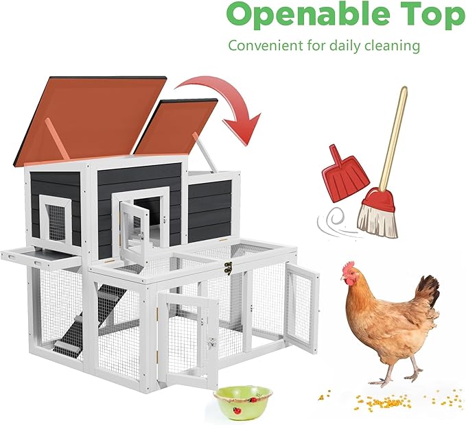 Chicken Coop Outdoor Wooden for 2-4 Chickens with Asphalt Waterproofing Roof, Runways, Pull-Out Trays and Openable Top for Backyard and Indoor (Black and White)