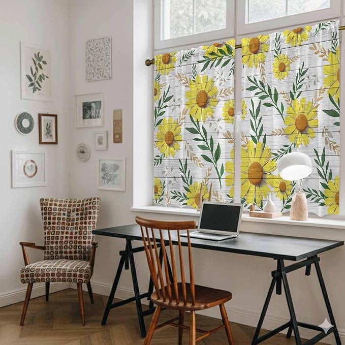 Yellow Daisy Tier Curtains, Farmhouse Country Flower Leaf Plant Wood Grain