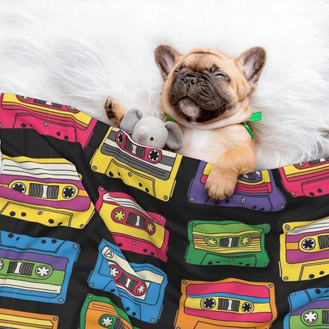 Pet Blanket for Travel and Home, Colorful Retro Cassette Pattern, Reversible Plush Dot Design with Soft Grip Texture on One Side Perfect for Car Seats Moving Vehicles