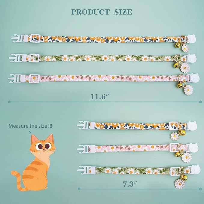 Faygarsle 3 Pack Cotton Safe Breakaway Cat Collars with Bell Daisy Charm Green Orange Pink Kitty Kitten Cute Cat Collars for Girl Cats Female Cats