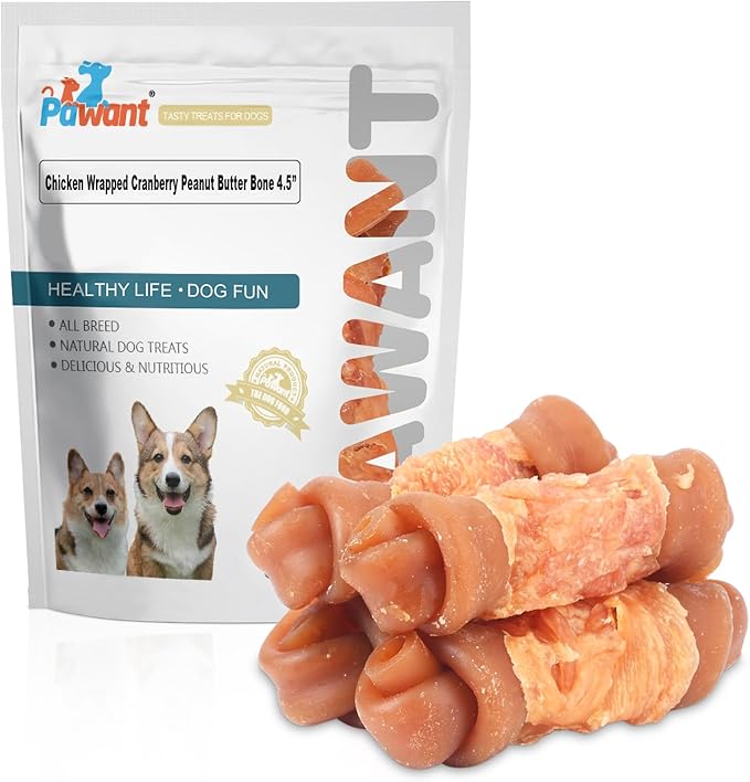 Chicken Wrapped Dog Treats with Cranberry & Peanut Butter – Natural Chewy Bone Long Lasting Snacks for Medium to Large Dogs 4.5" 227g/0.5lb