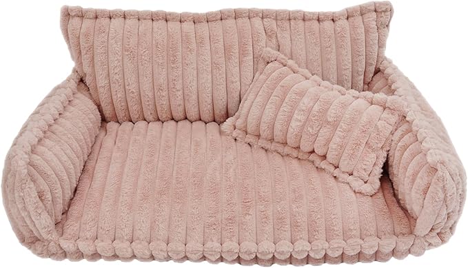 Pet Couch Bed for Dog and Cat, Plush Calming Couch for Pets with Removable Washable Cover, Modern Sofa Style Pet Bed for Home Living Room (Pink)