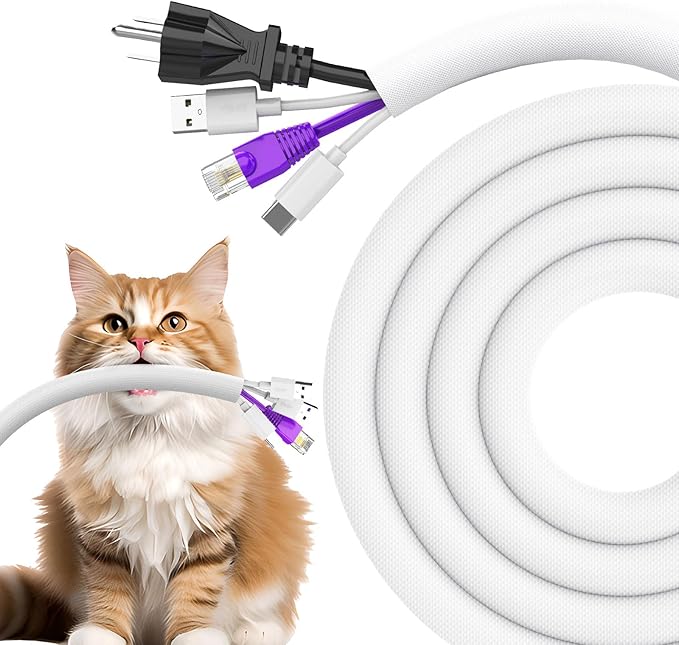 Dog and Cat Cord Protector 10ft - 1/2inch, Flexible Cable Sleeve for Easy Cord Management, Protects Cables from Pets Chewing, Ideal for USB, Power, Audio and Video Cords - White