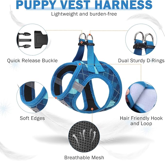 SCENEREAL Small Dog Harness and Leash Collar Set, Step in No Pull Soft Mesh Dog Harnesses for Small Medium Sized Dogs Puppy and Cats Outdoor Walking, No Chock Reflective Vest Harness, Blue Plaid S