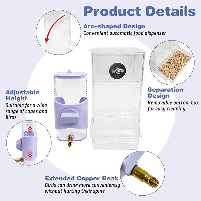 PINVNBY No Mess Bird Feeder & Water Dispenser Set Automatic Parrot Feeder Transparent Food Container Drinker Parakeet Cage Accessories for Cockatiel Budgie Lovebird Finch (Purple)