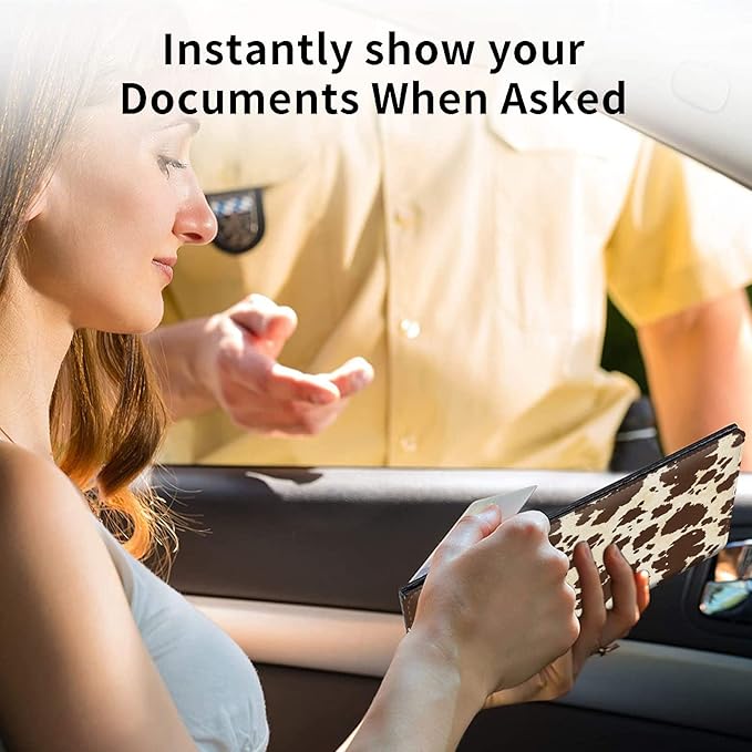 Car Registration and Insurance Card Holder,Leather Vehicle Card Document Glove Box Organizer,Paperwork Wallet Case for Driver's License,ID,Key Information Cards,Men & Women,Brown Cow Print Pattern