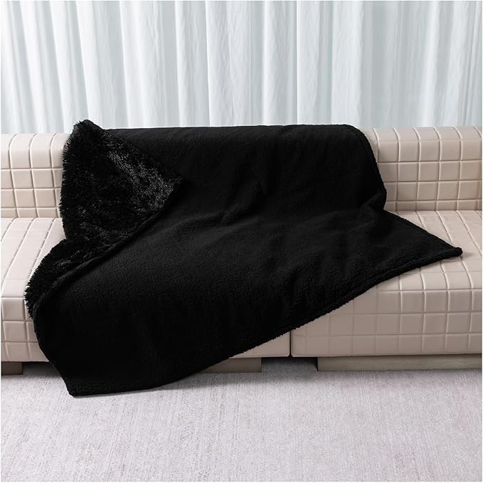 Calming Fleece Cat Blankets Black Waterproof Pets Blanket for Dogs Reversible Long Faux Fur Puppy Throw Blankets(Black,L)