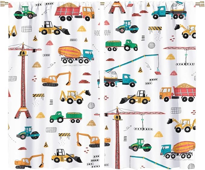 Construction Window Curtains, Kids Cartoon Construction Machines Building Hand