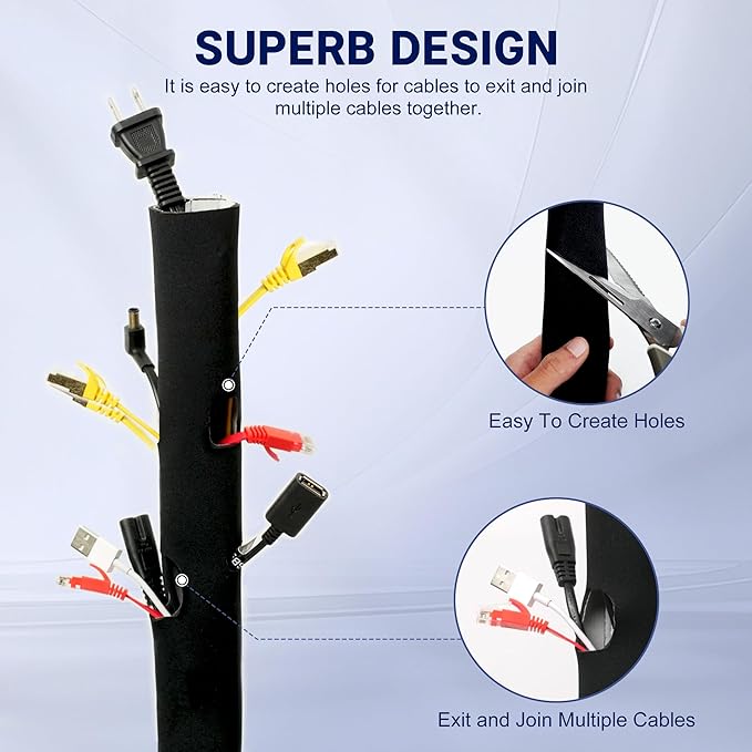 Flexible Neoprene Cable Management Sleeve 5ft - 1.5 inch, 2-Pack, Self-Adhesive Cord Organizer, Split Wire Loom Tubing Cord Protector for TV Computer Desk Office Hide&Cover Wires Protect Pets Kids