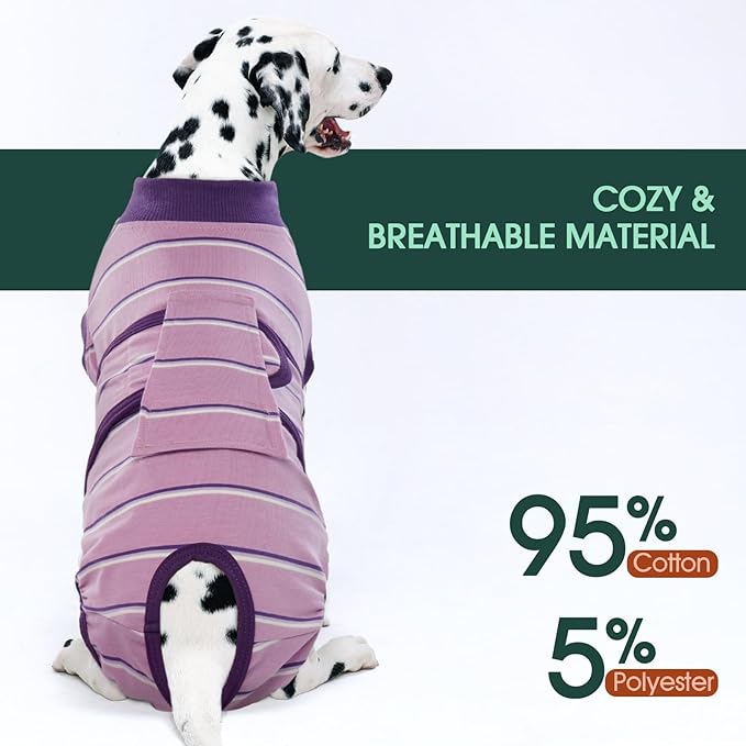 Kuoser Dog Surgery Recovery Suit for Female Male Dogs, Stripes Spay Neuter Anti-Licking Dog Onesie, Abdominal Wounds Surgical Suit Snugly Pet Collar Alternative Post Surgery Vest Bodysuit, Purple M