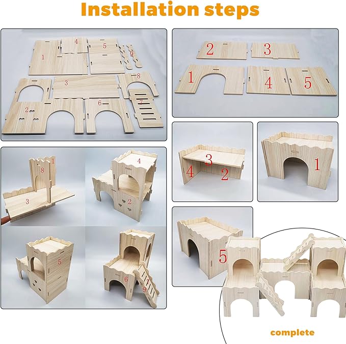 Wooden Dwarf Hamster House, Hamster Tiny House Hideout, Hamster Maze House, Large Balcony Lookout Holes, Easy to Assemble, Detachable Parts, Secure Hideaway, F